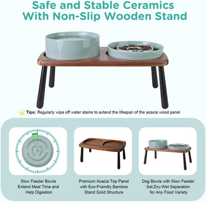SPUNKYJUNKY Ceramic Elevated Dog Bowls with Slow Feeder Raised Acacia Bamboo Wooden Stand, 8.3'' Dog Food Water Bowls Set Non-Slip for Medium Large Sized Breed Microwave Dishwasher Safe - Light Green