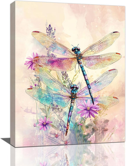 Dragonfly Bathroom Pictures Wall Art, Floral Bathroom Wall Decor, Framed Painting Canvas Artwork for Bedroom Living Room Decorations 24"L x 20"W