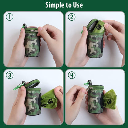 Dog Poop Bag Holder for Leash Doggie Waste Bag Dispenser Puppy Potty Carrier Small Doggy Zipper Pouch with Carabiner Clip 1680D Nylon Oxford with 1 Roll of Pet Trash Bags, Woodland Camo
