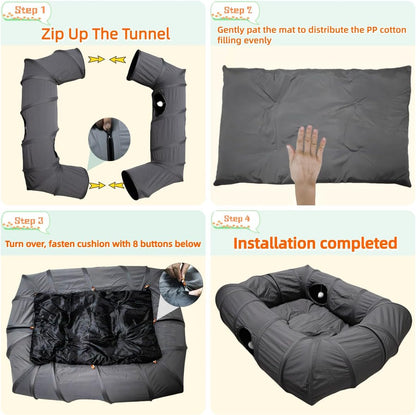 XxingSheep 4 Ways Shuttled XL Cat Tunnel Bed for Indoor Cats Peekaboo Cat Cave Donut with Cool Mat (Dark Gray)