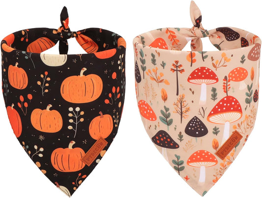PTDECOR Fall Dog Bandana, Pumpkin Mushroom Design Scarf Reversible Holiday Dog Scarf, Triangle