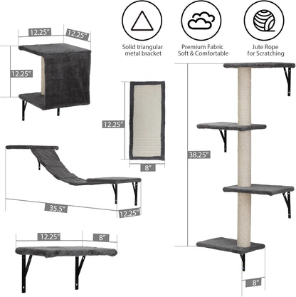 COZIWOW Wall Mounted Cat Furniture, Cat Wall Shelves and Perches, Floating Cat Shelves for Wall Set of 5 (Grey)