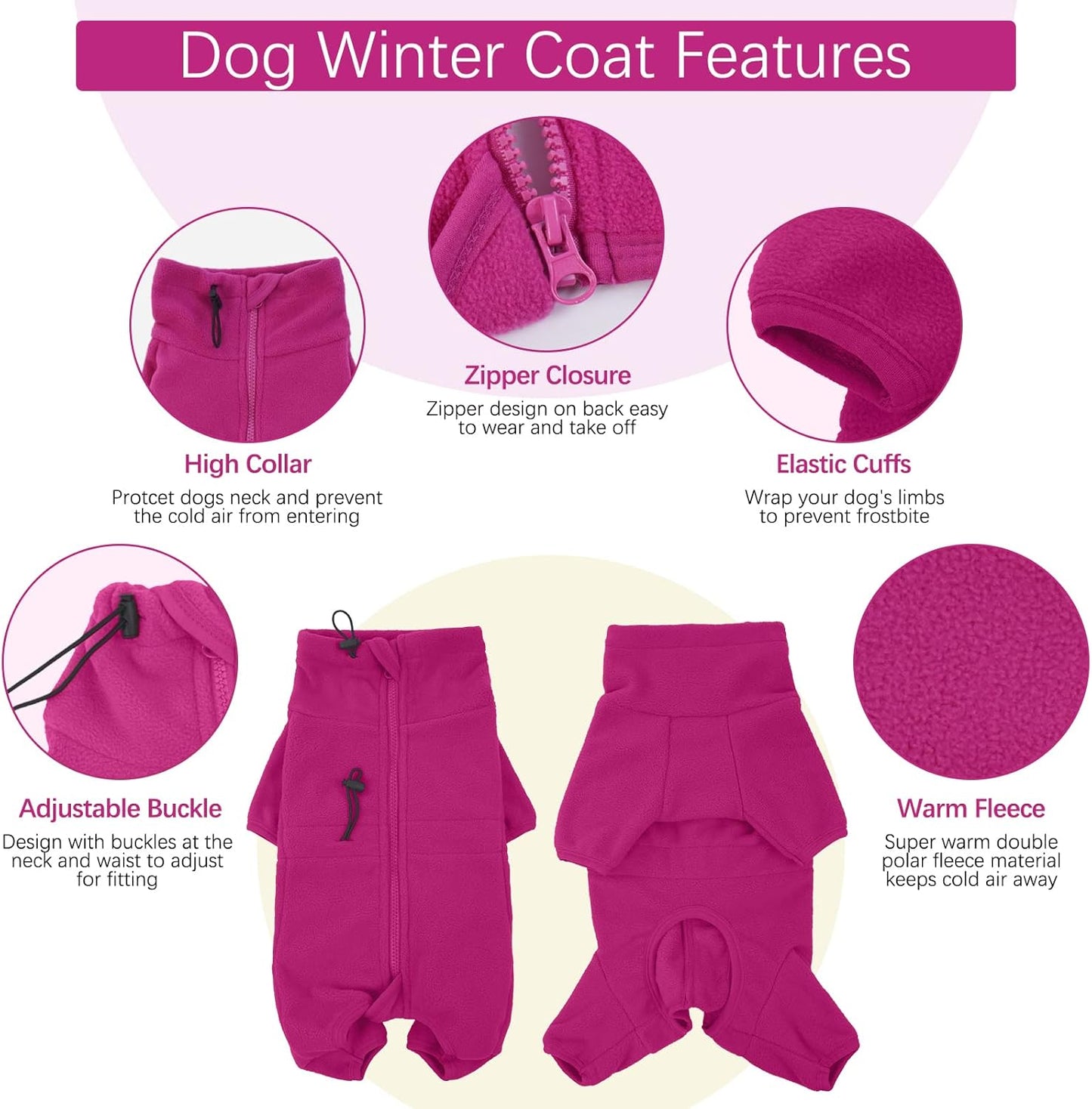 ROZKITCH Fleece Dog Coat, Pet Windproof Warm Cold Weather Jacket Vest Cozy Jumpsuit Apparel Outfit Clothes for Small Dog Walking Hiking Sleep Pink 2XS