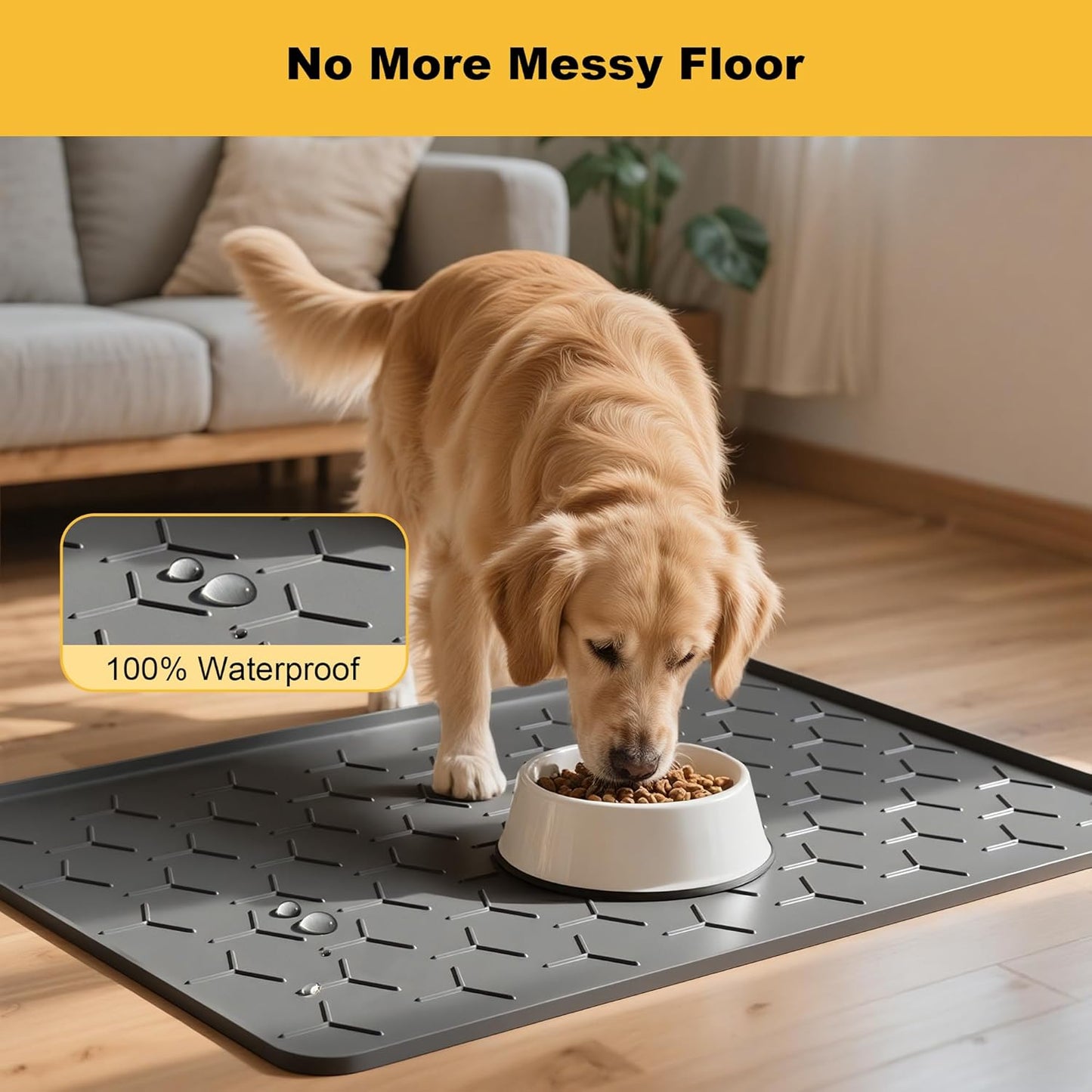 Pieviev Dog Cat Food Bowl Mat, Silicone Waterproof Food Grade Pet Food Mat for Floor, High Raised Edge to Prevent Spills, Non-Slip & Easy Clean Pet Placemat for Dog & Cat Bowls, 34''x22'', Dark Gray