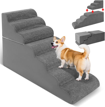 5-Step Dog Stairs for High Bed - 21.3" Adjustable Dog Ramps for Couch, Non-Slip Sturdy Pet Steps for Small Dogs, Washable Cover, Removable Modular Design, Dual 11” & 12.83” Steps for Custom Height