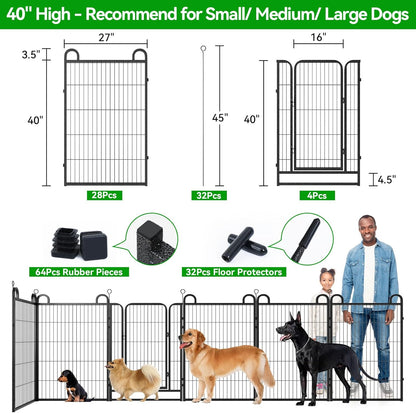 Dog Playpen Outdoor 32 Panels Heavy Duty Dog Fence 40" Height Anti-Rust with Doors Portable for RV Camping Yard, Total 71FT, 406 Sq.ft, Snowy Black
