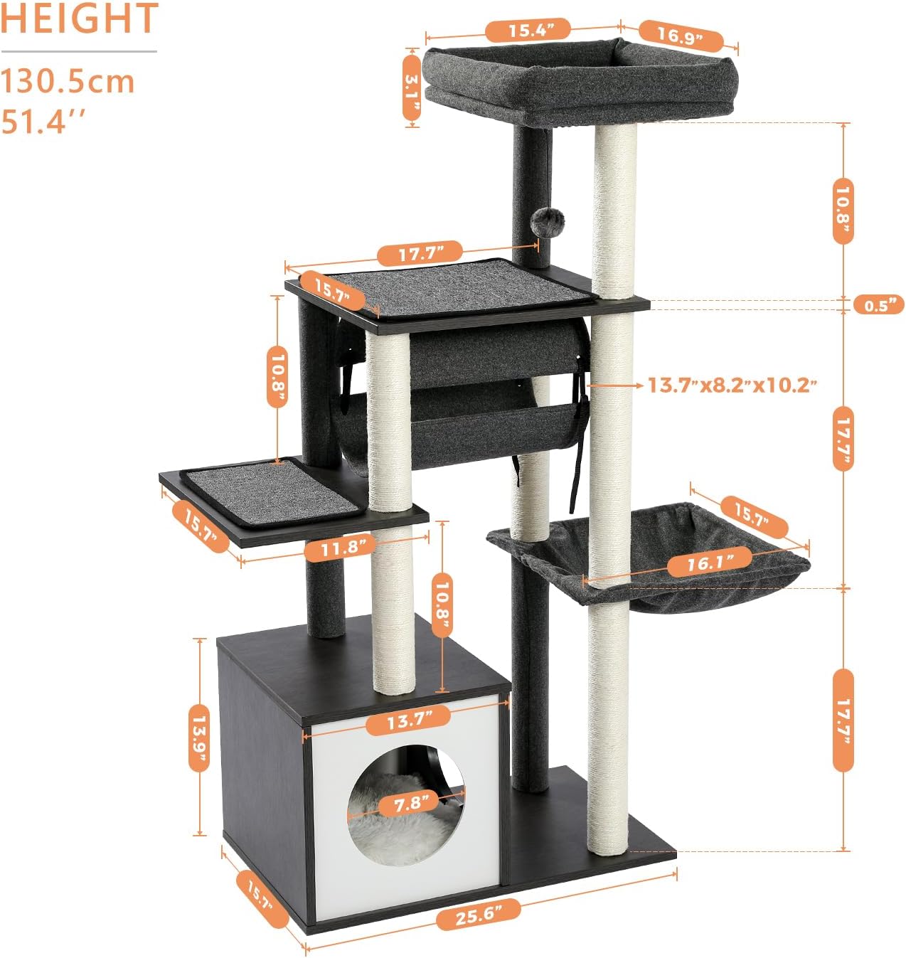 PEQULTI 51.4 Inches Modern Cat Tree Premium 6 Levels Wooden Cat Tower with Fully Sisal Covered Scratching Posts, Cozy Condo, Spacious Perch, Super Large Hammock and Swing Tunnel for Indoor Cats Gray