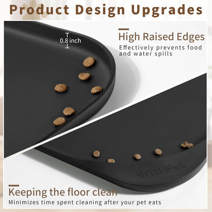 Silicone Pet Feeding Mat with Raised Edge & Residue Collection Pocket for Food and Water, Dog Bowl Mats, Cat Bowls Placemat with High Lip for Floor Waterproof, 22 x 14 x 0.8 Black