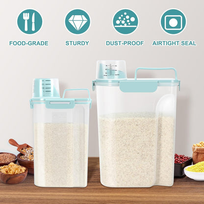 TBMax Rice Container 2 Pack, Airtight Cereal Container Oatmeal Storage with Easy-pouring Spout & Handy Cup for Flour Grain Beans, Pet Dog Cat Bird Food Storage Dispenser-Sky Blue