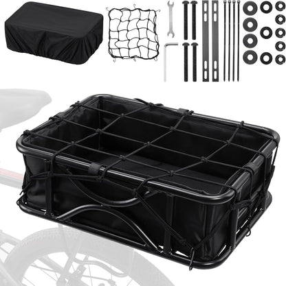 Heavy Duty Rear Bike Basket for Adults, Bicycle Cargo Basket with Removable Liner, Waterproof Cover & Cargo Net, Universal Fit for E-Bike, Mountain Bike, Dog Carrier