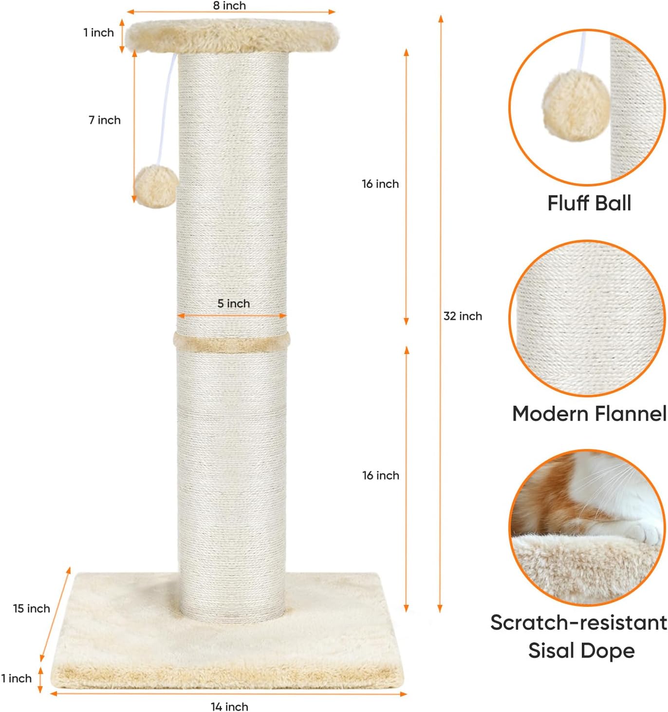 PAWSCRAT Cat Scratching Post 32" Tall, Large Diameter Natural Sisal Cat Scratch Post with Dangling Ball, Scratch-Resistant and Durable Tall Cat Scratcher for Indoor Cats, Protect Your Furniture, Beige