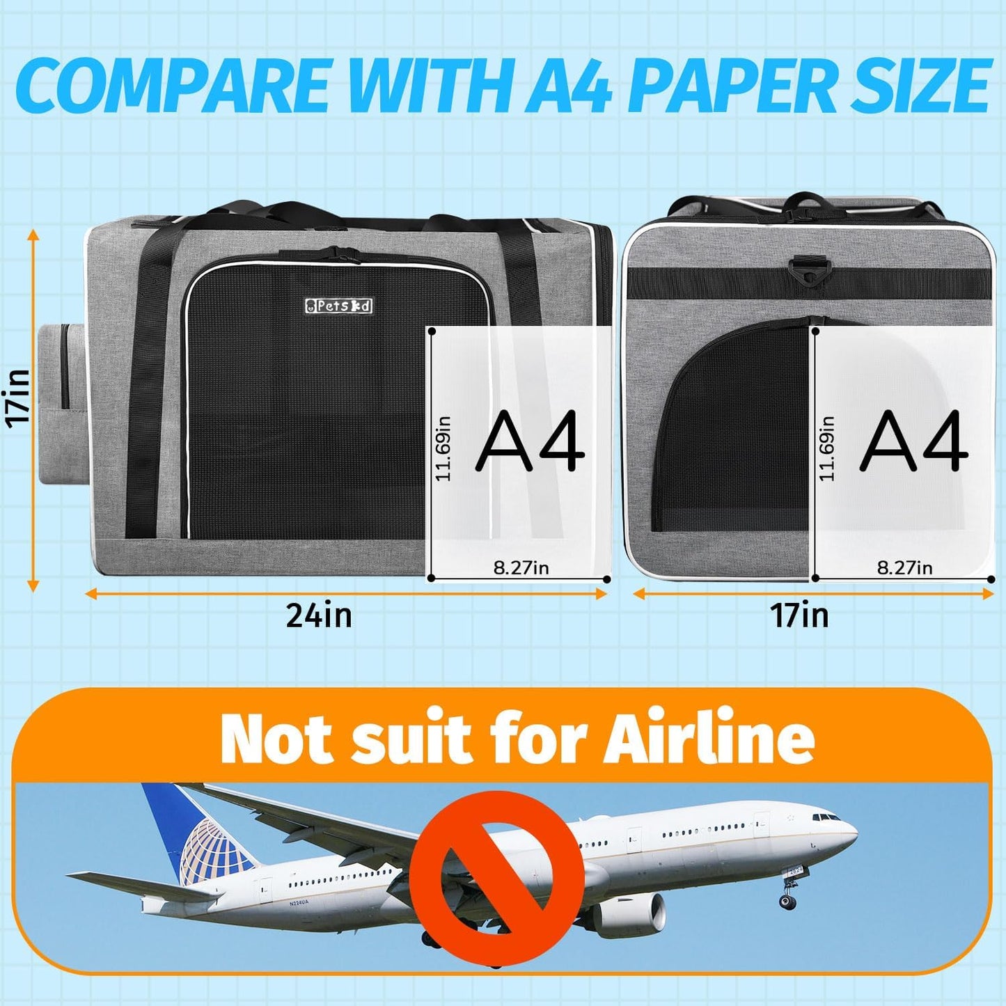 Petskd Extra Large Cat Carrier with Litter Box 24"x17"x17" for Medium Large Cat or 2 Small Cats, Collapsible Soft Sided Pet Carrier for Car Travel with Lockable Safety Zippers(Grey)