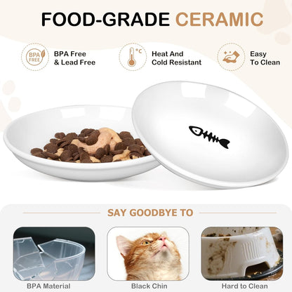 TRUVIC 4 Pack Ceramic Cat Food Bowls, 5.9 Inch Ceramic Cat Dishes Set for Indoor Cats and Small Dogs, Anti Whisker Fatigue Kitten Bowls, Wide Shallow Kitten Plates for Food and Water (Fishbone)