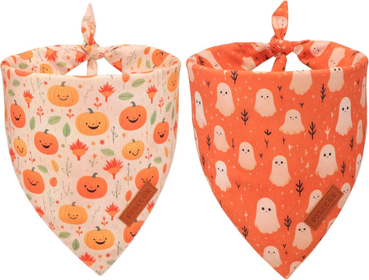 PTDECOR Halloween Dog Bandana, Ghost Pumpkin Design Reversible Holiday Dog Scarf, Triangle