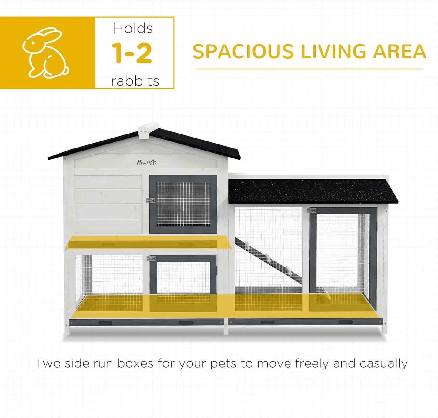 PawHut 62" Rabbit Hutch, Wooden Bunny Hutch, Guinea Pig Cage, Small Animal Enclosure with Run Area, Removable Tray, Asphalt Roof, Lockable Doors and Ramp, for Rabbits, Chickens, Ducks, White