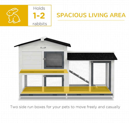 PawHut 62" Rabbit Hutch, Wooden Bunny Hutch, Guinea Pig Cage, Small Animal Enclosure with Run Area, Removable Tray, Asphalt Roof, Lockable Doors and Ramp, for Rabbits, Chickens, Ducks, White