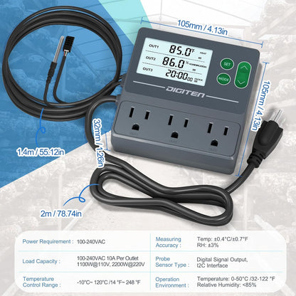 DIGITEN Temperature and Humidity Controller with Timer - 3 Outlet, 2 Separate Probes, Plug in Temperature Controller for Reptiles,Snake, Mushrooms, Tent, Triple Control for Temp,Humidity,Time