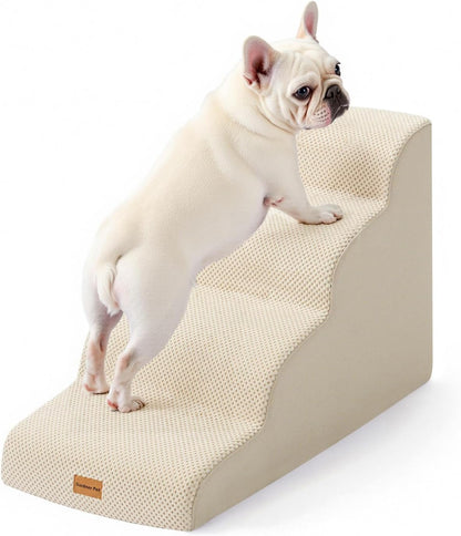 Gardner Pet Dog Stairs for Small Dogs 19.7" H, 4-Step Beige Curved Pet Stairs, Dog Steps for High Bed (18-24 in), Couch with Durable Non-Slip Waterproof Fabric Cover and CertiPUR-US Certified Foam