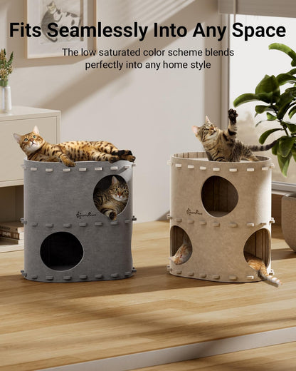 DownyPaws Cat House for Indoor Cats, 2-Storey Foldable Cat Bed Cave, Felt Cats Tunnel Bed Condo, Castle Kitten Cube Hideaway for Multicats, Scratch Resistant, Cream