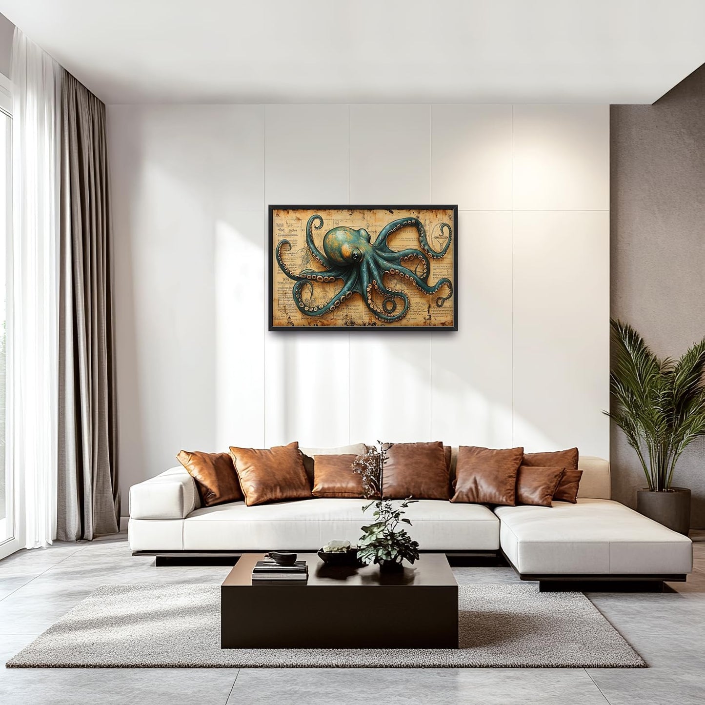 Large Octopus Nautical Wall Art for Living Room, Vintage Ocean Canvas Oversized Wall Decor, Rustic Sea Animal Framed Pictures Painting Print Artwork for Bedroom Office 36"L x 24"W