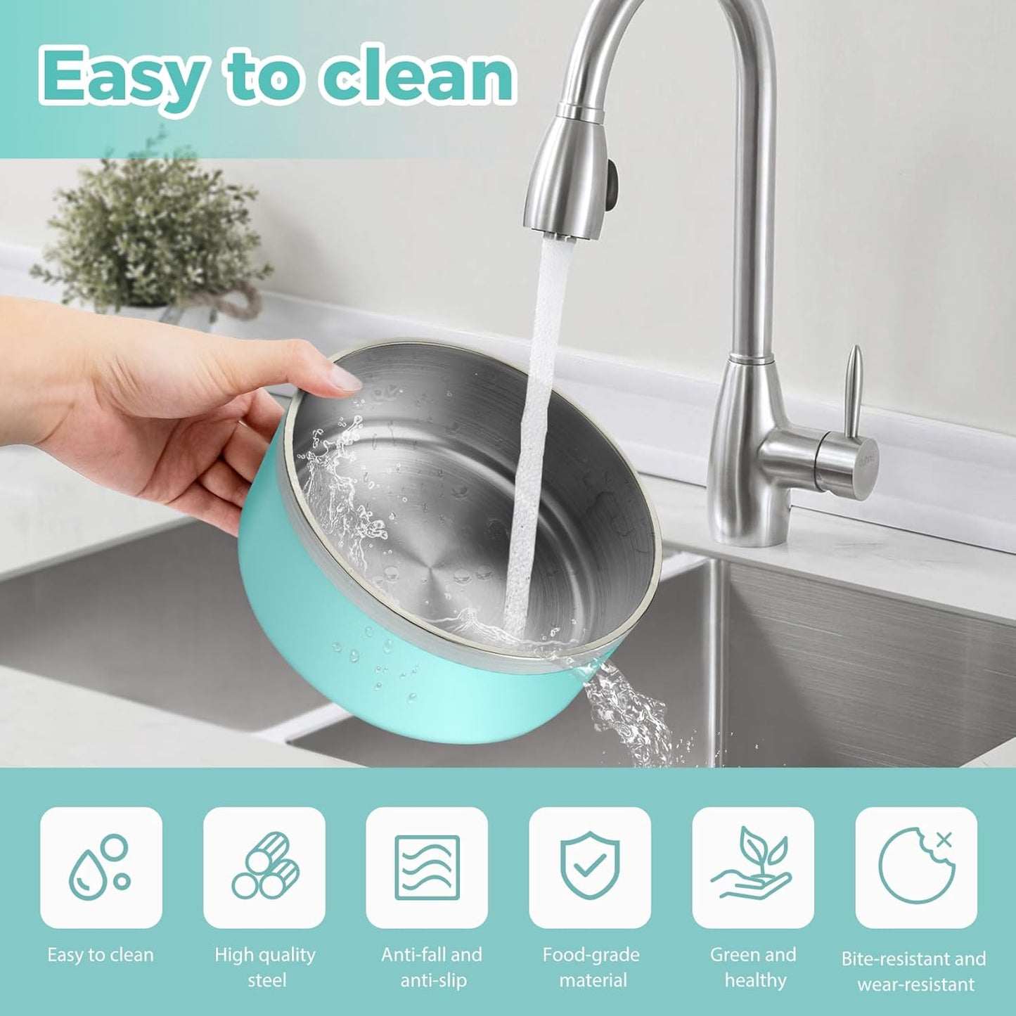 Stainless Steel Dog Bowl - Metal Water and Food Dish for Large Dogs, Insulated, Non-Slip, Easy Clean, 40oz, MintGreen