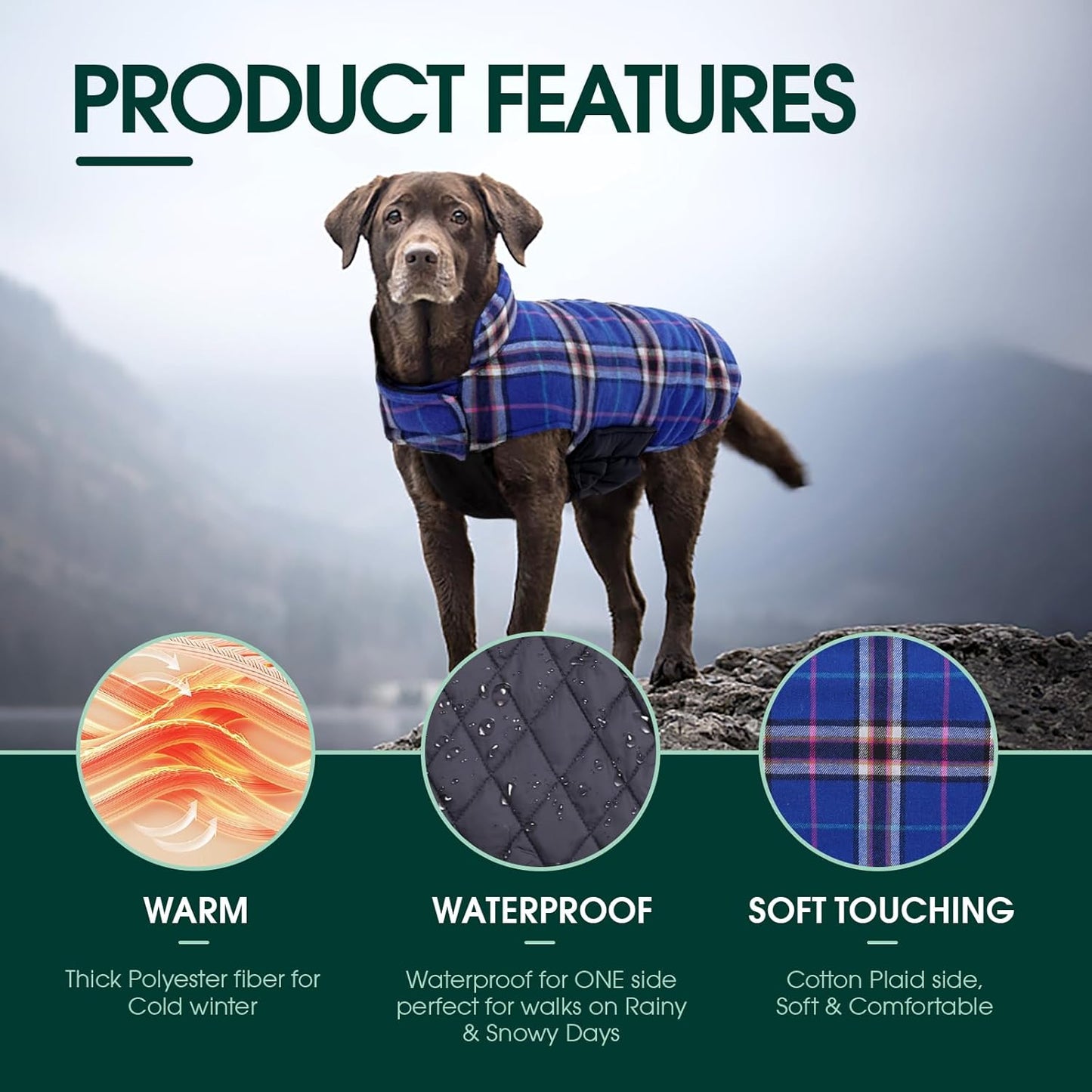 Kuoser Warm Dog Coat, Waterproof Dog Jacket for Extra Large Dogs, Adjustable Durable XXL Doggie Winter Coat Reversible Puppy Cold Weather Apparel from Small to Large Breed, Navy XXL