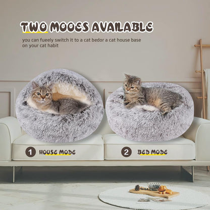 Cat Bed for Indoor Cats, Calming Cozy Cave with Self-Warming Plush, Entire Bed Machine Washable & Anti-Slip Base, Breathable Pet Bed for Small Cats&Dogs All Seasons (Khaki, 24 * 24inch)