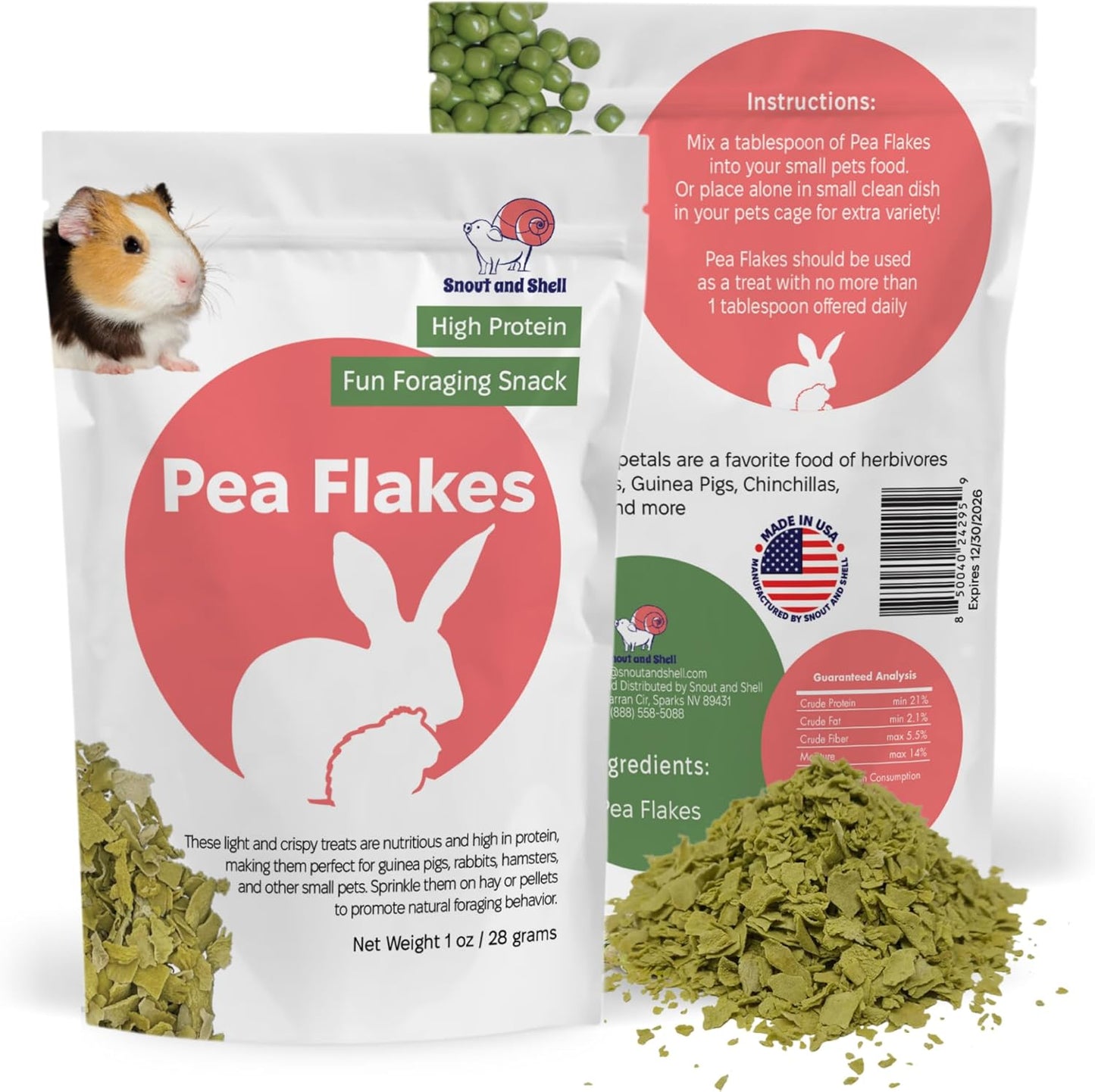 Snout and Shell Pea Flakes for Small Pets – High-Protein Treat for Guinea Pigs, Rabbits, Hamsters, Chinchillas & More – Fun Foraging Snack – 2 oz (28g)