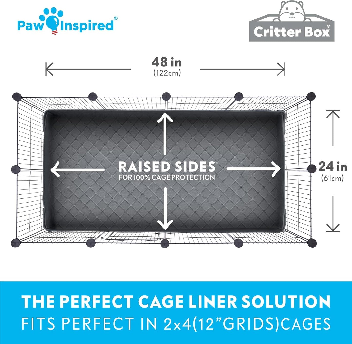 Paw Inspired Critter Box Washable Cage Liner, Reversible Fleece Bedding with Raised Sides for Guinea Pigs and Other Small Animals (2x4 (12" Grids), Gray/Pink)
