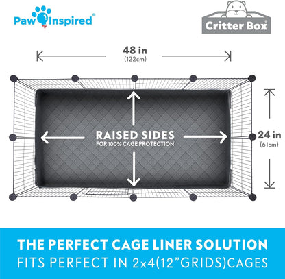 Paw Inspired Critter Box Washable Cage Liner, Reversible Fleece Bedding with Raised Sides for Guinea Pigs and Other Small Animals (2x4 (12" Grids), Gray/Green)