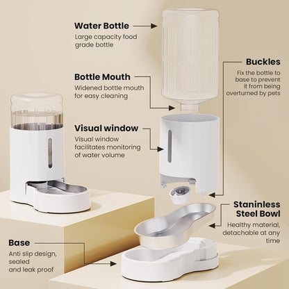 CZPET Automatic 6L Dog and Cat Water Dispenser with Stainless Steel Bowl Gravity Waterer,100% BPA-Free,Large Capacity and Drinking Area Noise-Free for Pets(6L Water Dispenser, White)