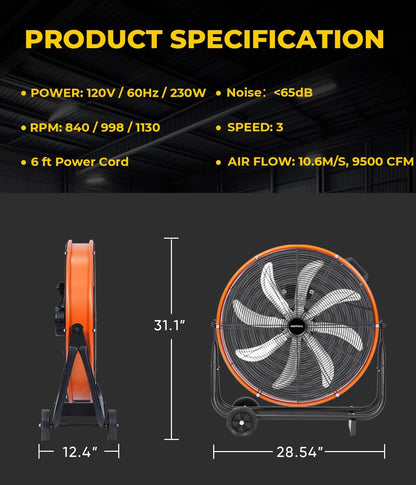 VENTISOL 24 Inch Industrial Floor Drum Fan, 9500 CFM Heavy Duty Floor Fan with 8 Blades, 3-Speed High Velocity Shop Fan, Metal Fans for Warehouse, Patios, Garage