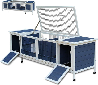 Rabbit Hutch Indoor Leakproof Bunny Cage Fir WoodenOutdoor Bunny House with Wire Floor Leakproof Plastic Tray (Blue)