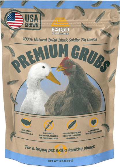 Eaton Pet and Pasture Premium Grubs, USA Grown Dried Black Soldier Fly Larvae, High Calcium Treat for Chickens, Ducks, Wild Birds (1 LB)