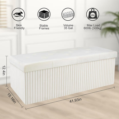 Storage Ottoman Bench, 43 Inch Foldable Ottoman with Legs, Velvet Foot Rest Stool, End of Bed Bench, Storage Chest for Living Room, Bedroom (Beige)