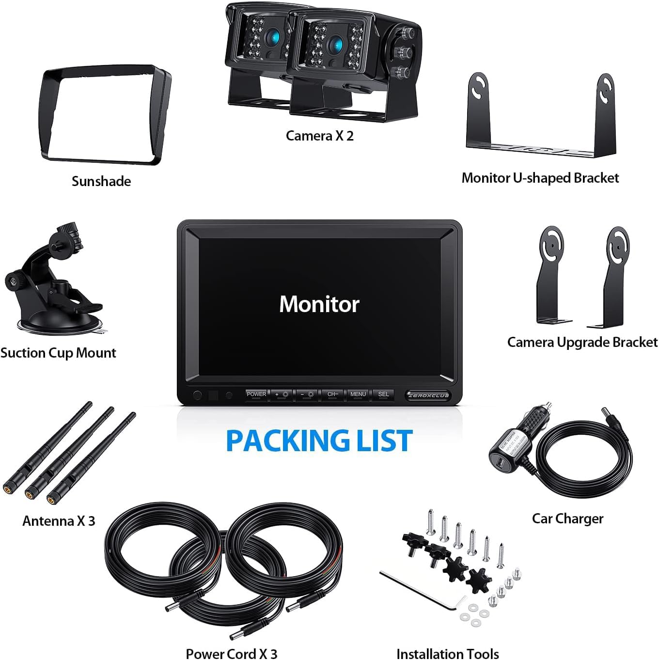 Digital Wireless Backup Camera System Kit, IP69K Waterproof Wireless 2 Rear View Camera + 7?™â€?LCD Dual Split Monitor for RV/Truck/Bus/Camper/Trailer (WX02)