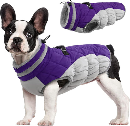 FUAMEY Dog Coat for Small Dogs,Waterproof Dog Winter Jacket with Harness Built in Puppy Cold Weather Coats Reflective Pet Vest with Zipper Warm Fleece Dogs Snowsuit Windproof Purple S