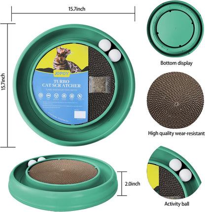 Interactive Cat Scratcher with Two Rotating Balls,Durable Scratch Pad for Indoor Play,Cardboard Cat Scratcher Pad with Cat Toy Ball Track and Catnip,2-in-1 Cat Toy (Green)