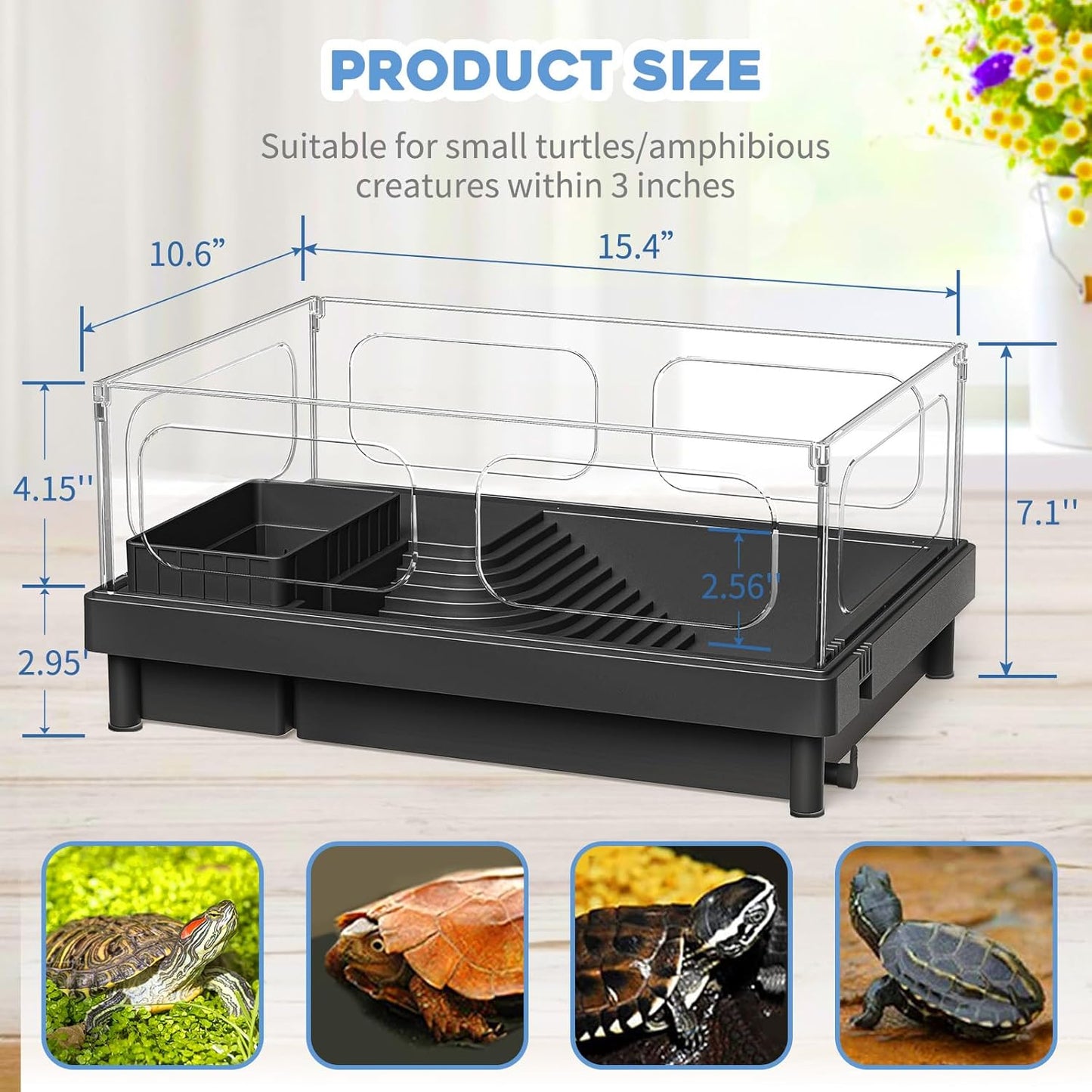 Small Turtle Tank, Aquarium, Acrylic Terrarium with Basking Platform, Bottom Drainage, Multi-Function Areas for Turtles, Crabs, Crayfish, Reptiles.(Black)