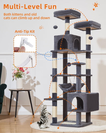Taoqimiao Cat Tree, 68-Inch Cat Tree Cat Tower for Indoor Cats, Plush Multi-Level Cat Condo with 6 Scratching Posts, 2 Perches, 2 Caves,Hammock, 3 Pompoms,MS020SG Smoky Gray