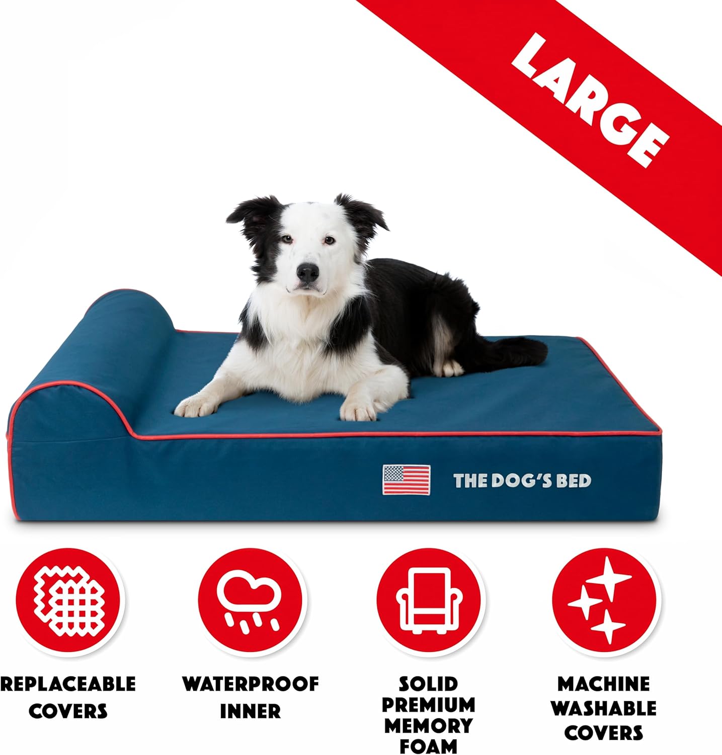 The Dog’s Bed Orthopedic Headrest Dog Bed Large Blue Oxford with Red Trim US Flag Dog Bed 40x25, Memory Foam, Hip & Elbow Dysplasia, Lameness, Veterinary Approved, Waterproof Washable Cover