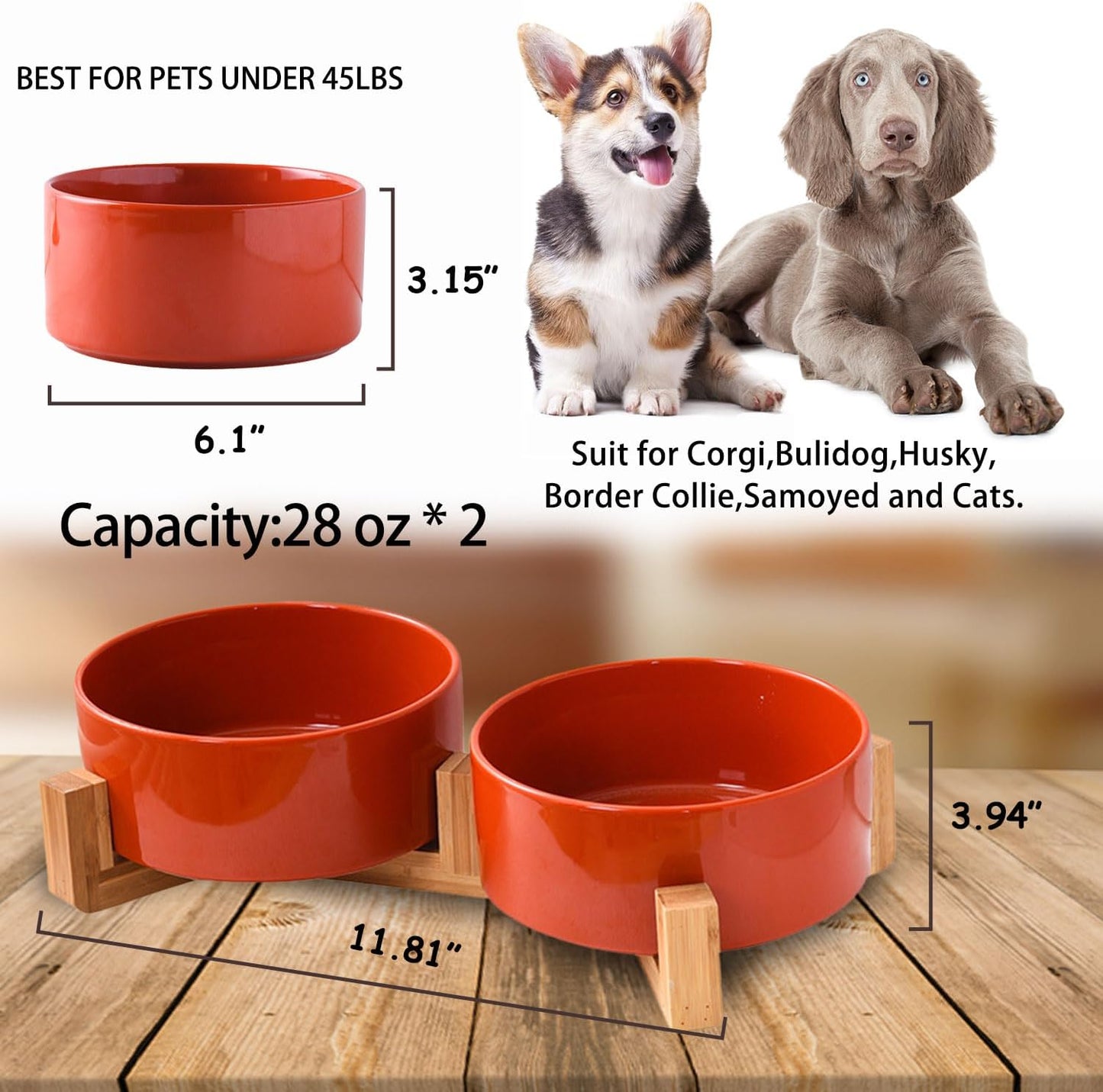 Petygooing Ceramic Cat Dog Bowl Set with Stand,Pet Food and Water Dishes,Medium Dog Bowls Anti -Slip Set of 2 Cat Dish Pet Food Bowls- Small Medium Size Pet (28OZ/6.1 in) Rust Red