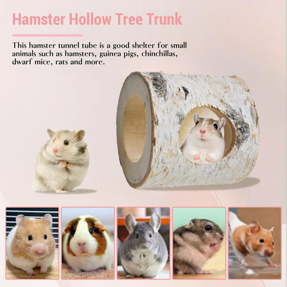 Wooden Hamster Tunnels,Natural Birch Wood Hamster Tree Hole Tube Hamster Chew Toy Small Animal Hollow Tree Trunk Tube Hideout Climbing Toy Cage Accessories for Guinea Pig Chinchilla Gerbil Rat