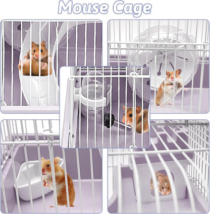 PINVNBY 2-Tier Dwarf Hamster Cage, Hamster Travel Cage Portable Mouse Cage with Running Exercise Wheels, Water Bottle and Food Dish for Hamster Mouse Rat 11.7 * 8.7 * 9.38 in (Blue)