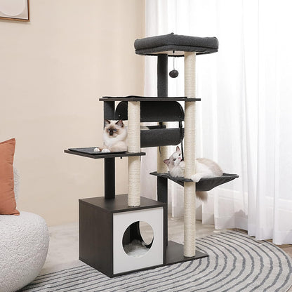 PEQULTI 51.4 Inches Modern Cat Tree Premium 6 Levels Wooden Cat Tower with Fully Sisal Covered Scratching Posts, Cozy Condo, Spacious Perch, Super Large Hammock and Swing Tunnel for Indoor Cats Gray