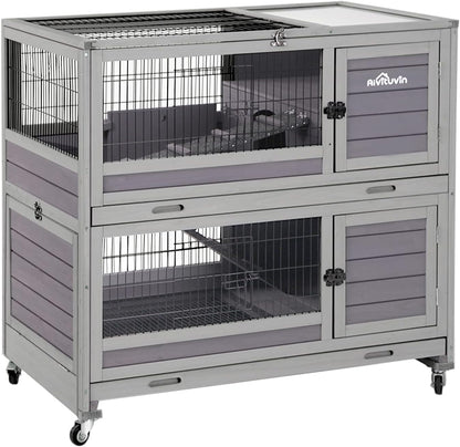 Aivituvin Rabbit Hutch Rabbit Cage Outdoor & Indoor on Wheels Bunny cage with Deep No Leak Pull Out Tray,Upgrade Version (Gray)