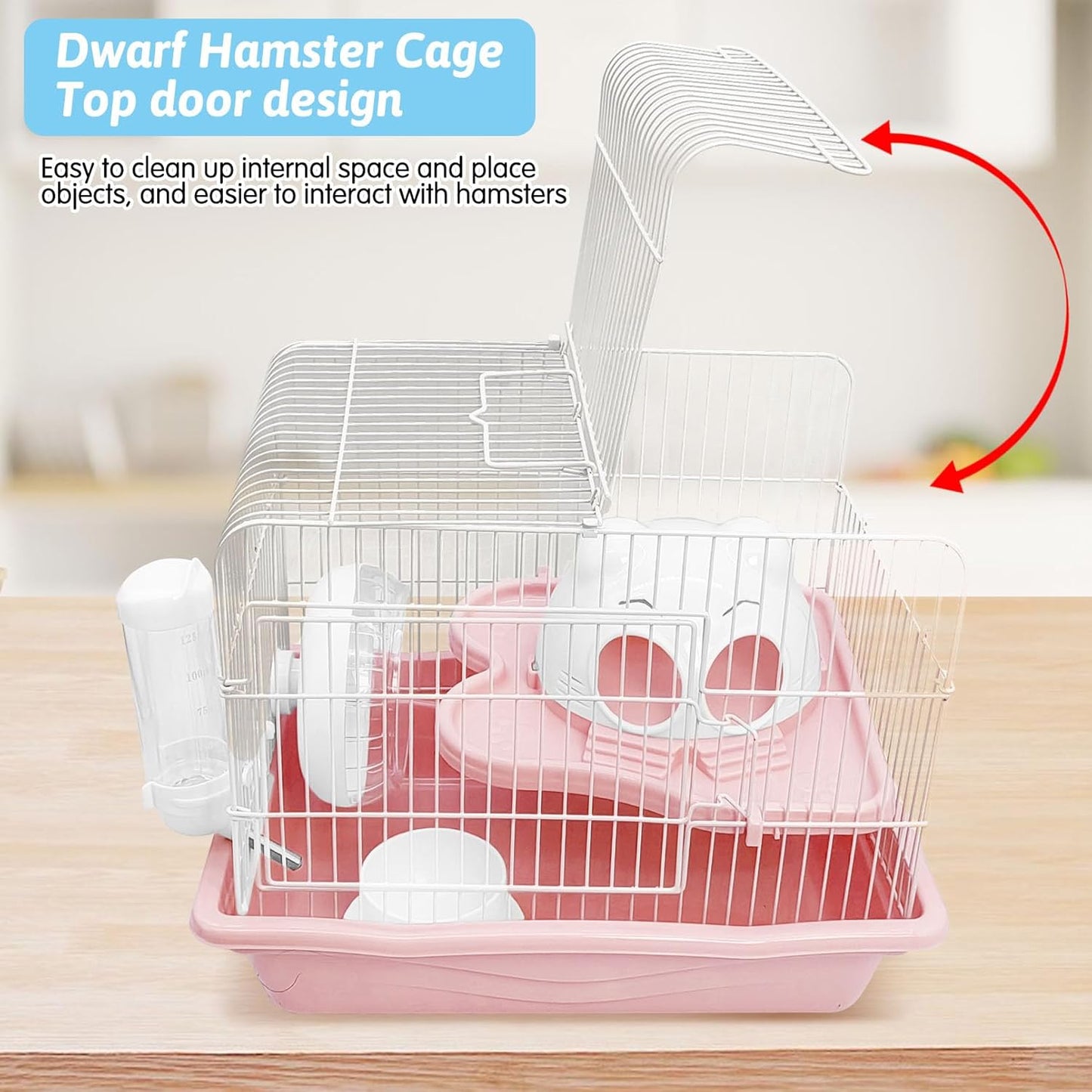 PINVNBY Dwarf Hamster Cage, Small Animal Cages, 2-Tier Travel Portable Mouse Cage Hamster Carrier with Castle House Running Exercise Wheels, Water Bottle and Food Dis（Pink）
