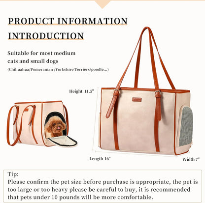 Fashion Dog Purse Pet Carrier Leather Bag for Small Dogs Cats Puppy, Portable Tote Bag Airline Approved Soft-Sided Carriers (Beign)