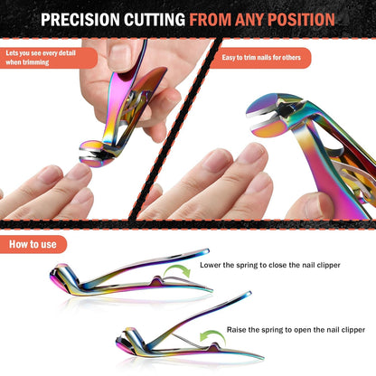 BEZOX Angled Head Toe Nail Clippers for Seniors - Ergonomic Toenail Clipper for Thick Nails for Elderly, Finger Nail Clippers with Catcher for Men and Women - Rainbow