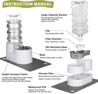 RIZZARI Large Water Dispenser for Dogs: 8L Gravity White Automatic Stainless Steel Waterer - 100% BPA Free - Raised Pet Feeder for Pet Dogs Indoor/Outdoor